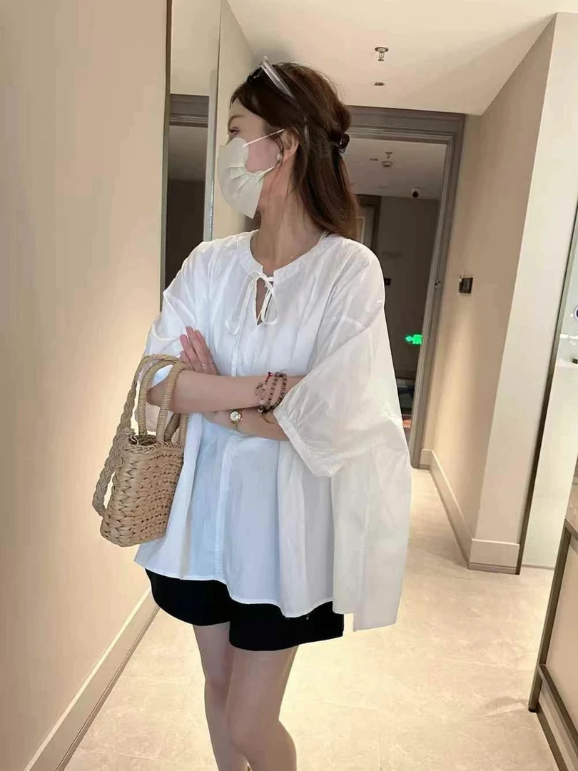 今喜 2025夏季新款韩版宽松显瘦百搭圆领短袖大版衬衫女休闲上衣