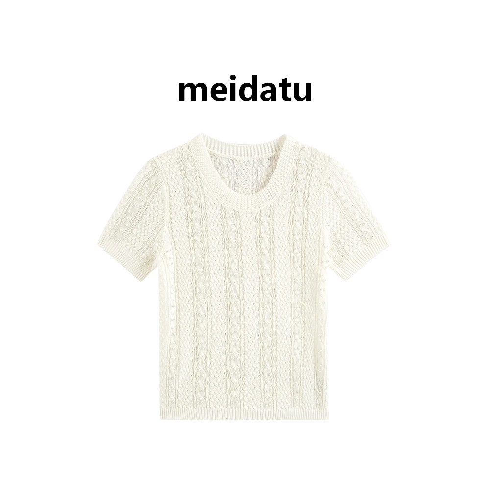 美哒兔（破价款）韩版纹理镂空针织短袖（小个子版）BM246-1