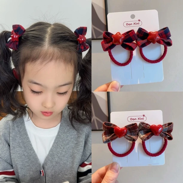 儿童珠珠蝴蝶结发圈韩版格纹扎头发皮筋新款不伤发小女孩马尾发绳