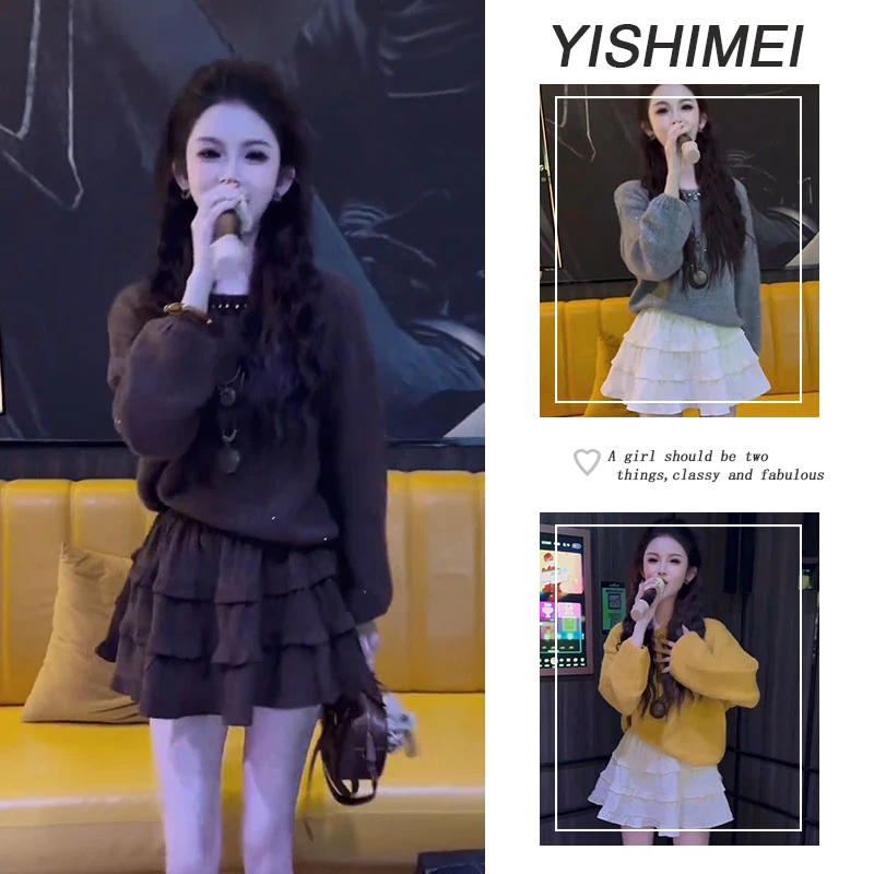 早秋时尚穿搭2025年新款简约百搭纯色长袖针织上衣高腰短裙两件套