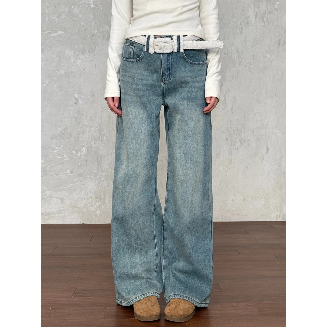 VintageTang浅蓝色加绒加厚阔腿牛仔裤女宽松百搭拖地长裤子骁叁