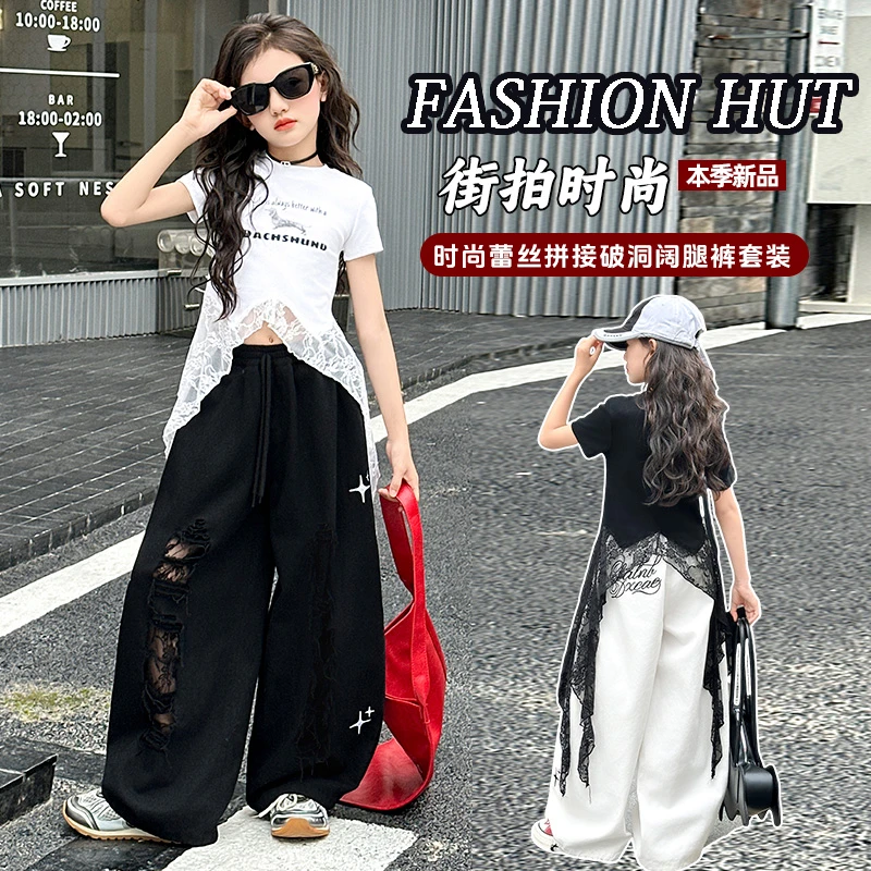 【嘻嘻柚】女童夏季蕾丝拼接不规则短袖破洞水洗棉牛仔阔腿裤两件套