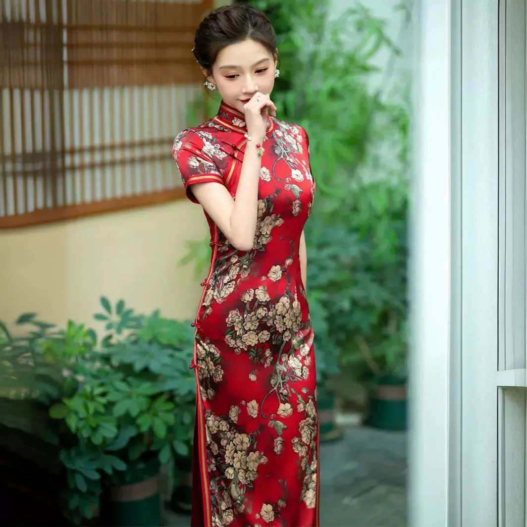 高端旗袍2025新款喜婆婆国风新中式桑升学高考妈妈长旗袍