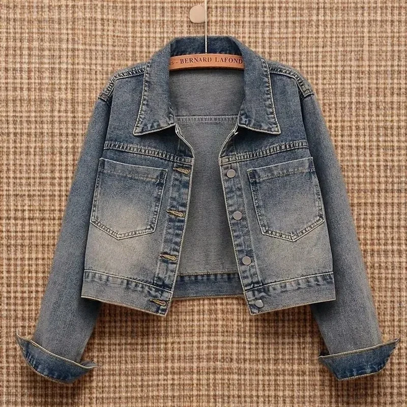 2025新款春装美式复古短款牛仔女外套大口袋宽松百搭休闲夹克上衣