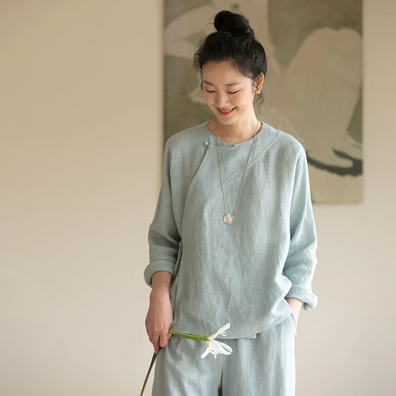 牧衣游原创 「欧若风」新中式佰分佰汉麻净色外套斜襟文艺开衫 花竹