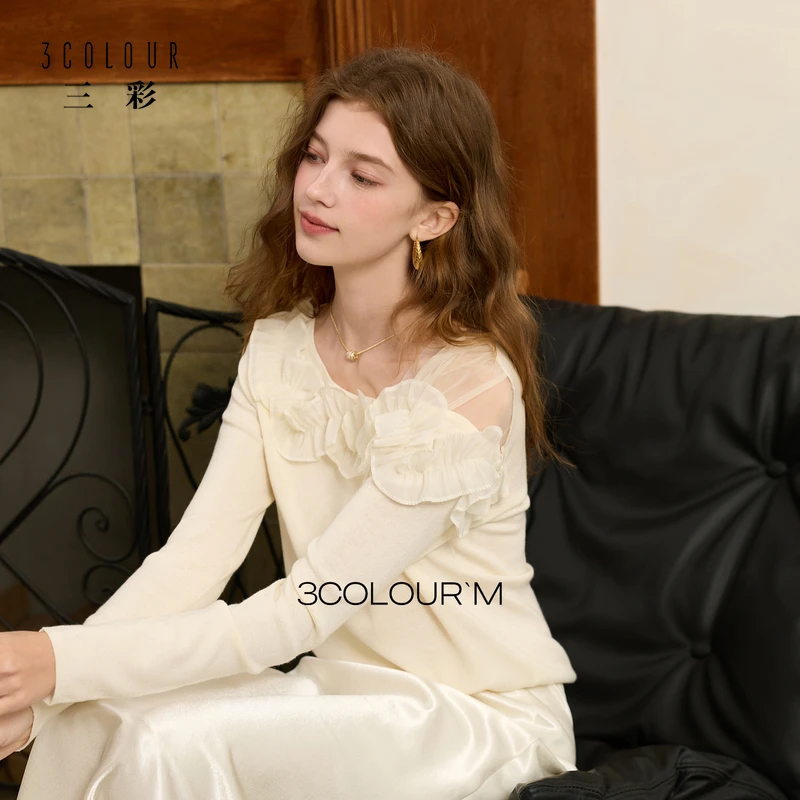 三彩2025冬季新款斜领木耳边不对称针织衫套头长袖打底毛衫M