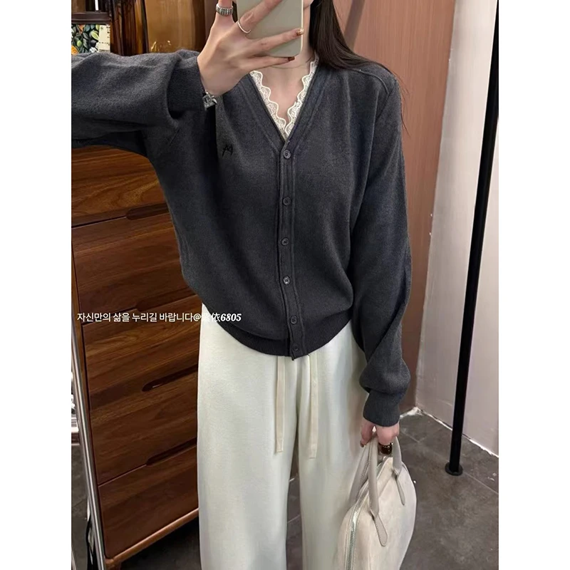 【美拉德色 】开衫外套3604超柔软高品质V领蕾丝花边针织毛衣