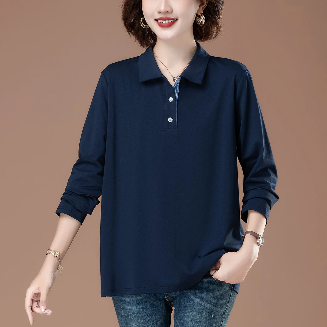 翻领长袖T恤女中老年宽松休闲POLO衫春秋新款外穿打底衫大码女装