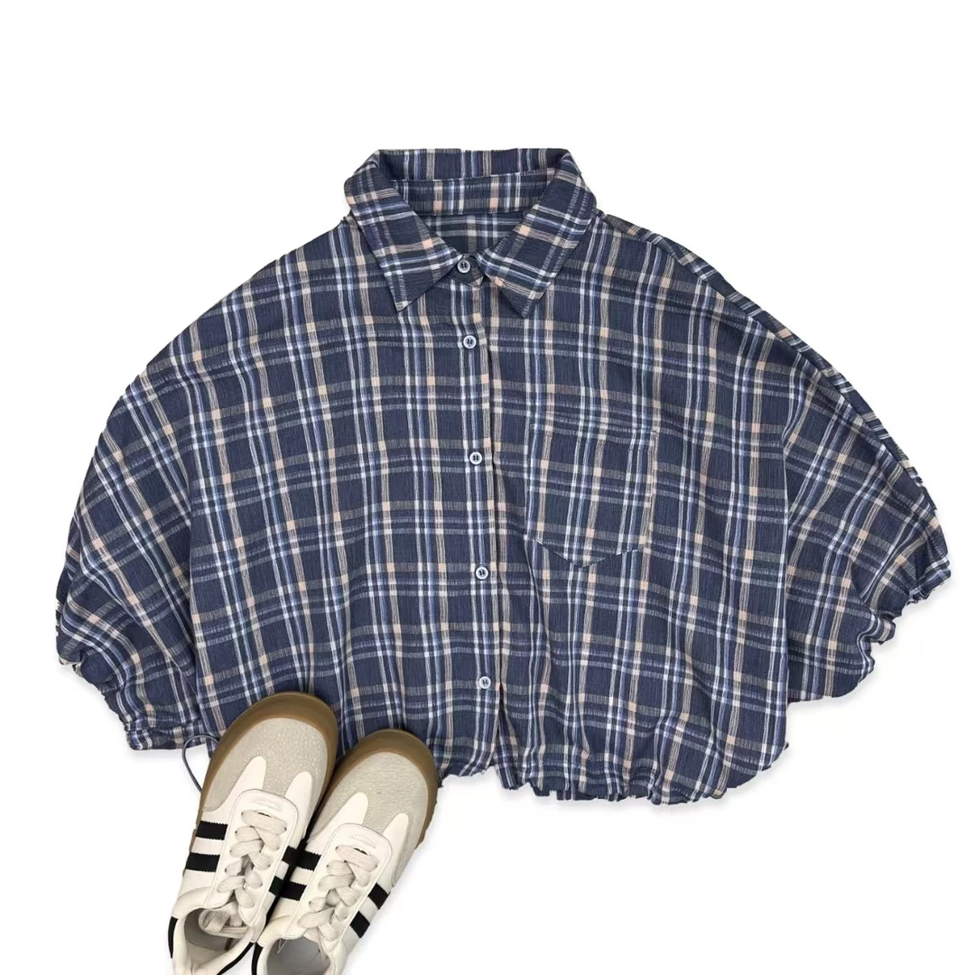 （TY)）简约舒适格纹宽松短款衬衫上衣 W6 0089-A