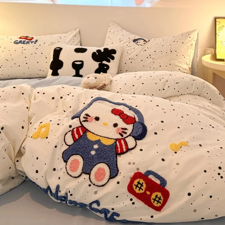 水洗棉毛巾绣四件套hellokitty被套床单宿舍床上三件套非全棉纯棉