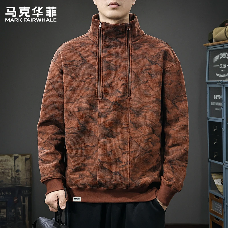 马克华菲秋冬新款宽松长袖男士卫衣美式双拉链设计感立领套头外套