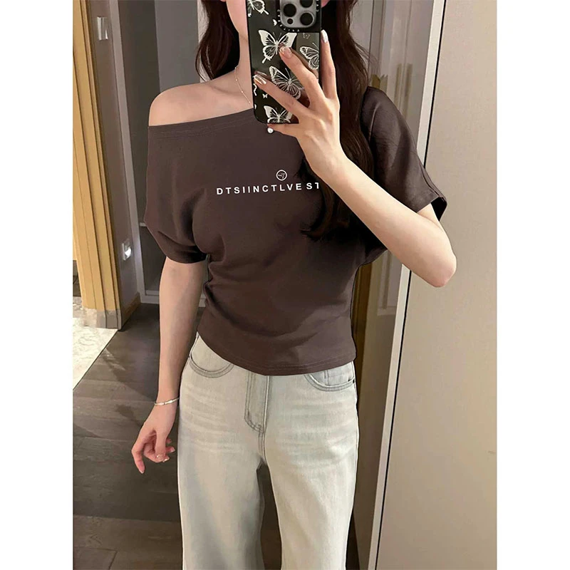 小众设计感斜肩短袖t恤女2025新款时尚百搭休闲打底衫上衣夏季潮