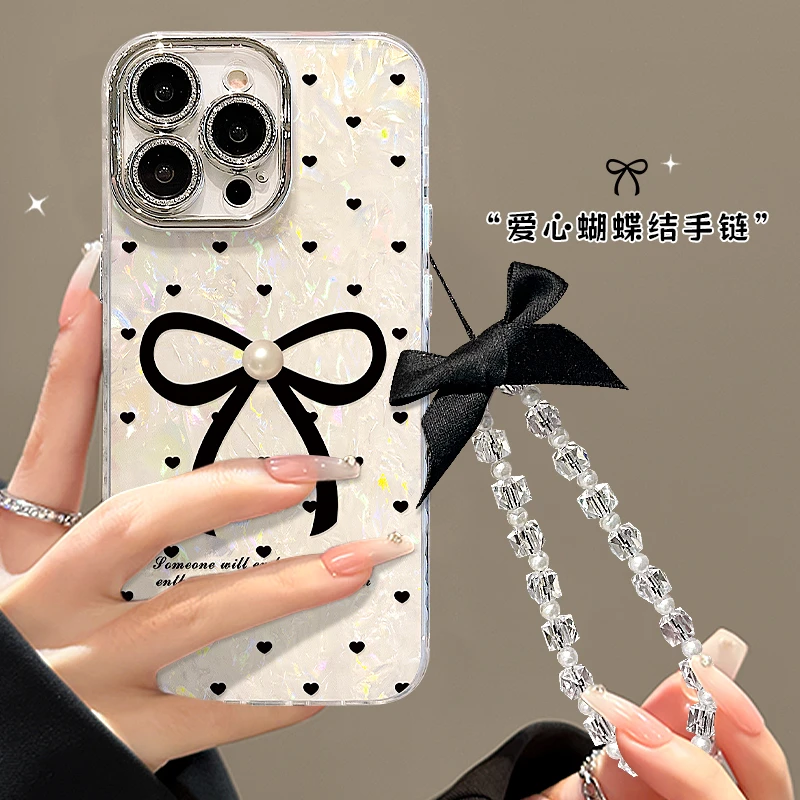 蝴蝶结手链适用苹果15vivo华为oppo小米iPhone16精孔贝壳纹手机壳
