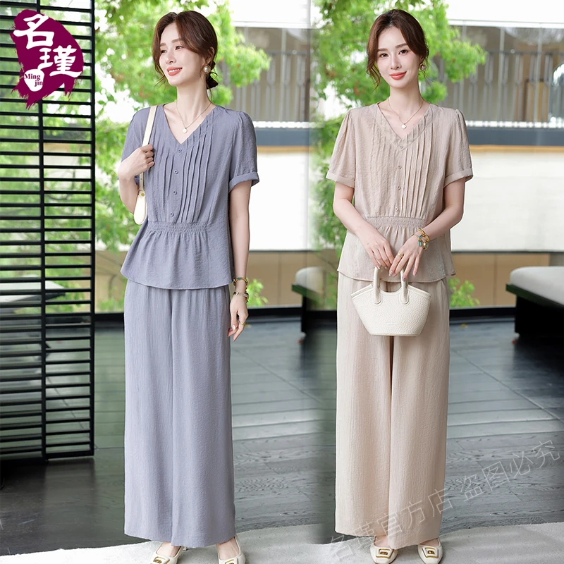 2025年新款妈妈春夏装两件套套装中老年女上衣时尚洋气高贵aa6097