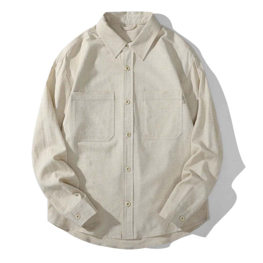 2025春夏新款时尚棉麻衬衫男长袖宽松双口袋简约衬衣男上衣薄外套