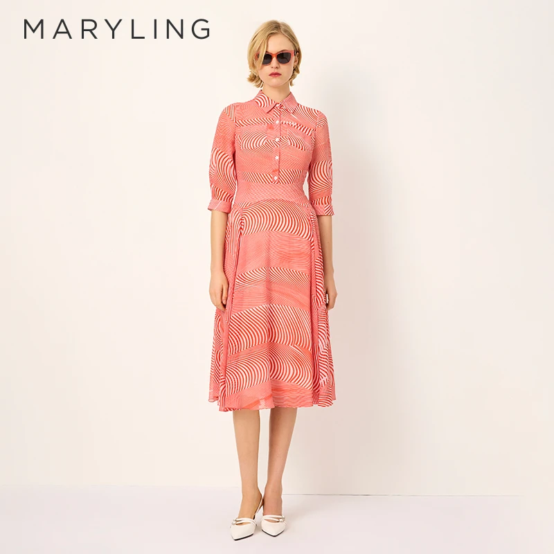 MARYLING玛俪琳2025春季新品衬衣领红白波纹印花连衣裙A1FBW61750