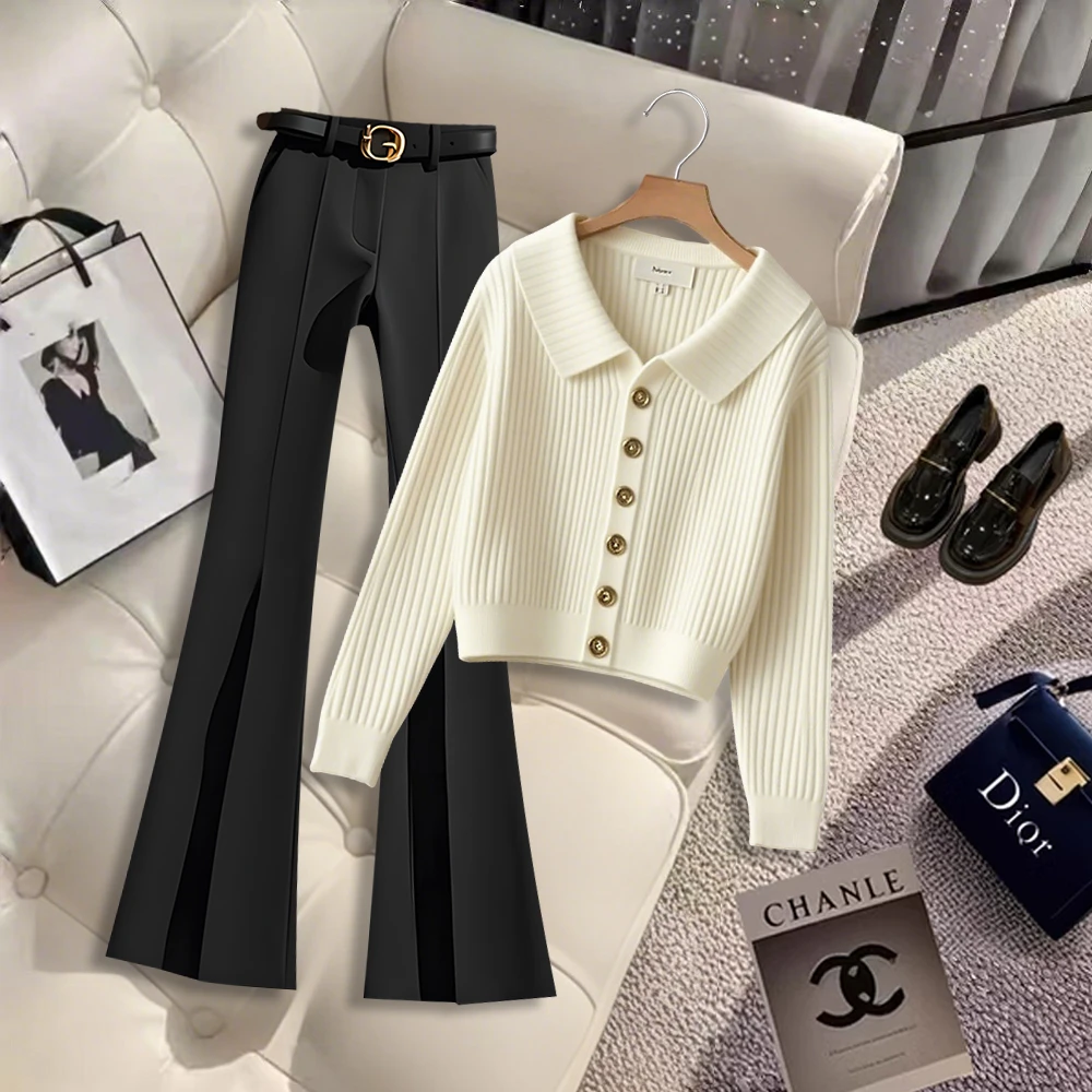 韩版ins洋气气质时尚套装慵懒显瘦秋装上衣高腰微喇裤一整套爆款