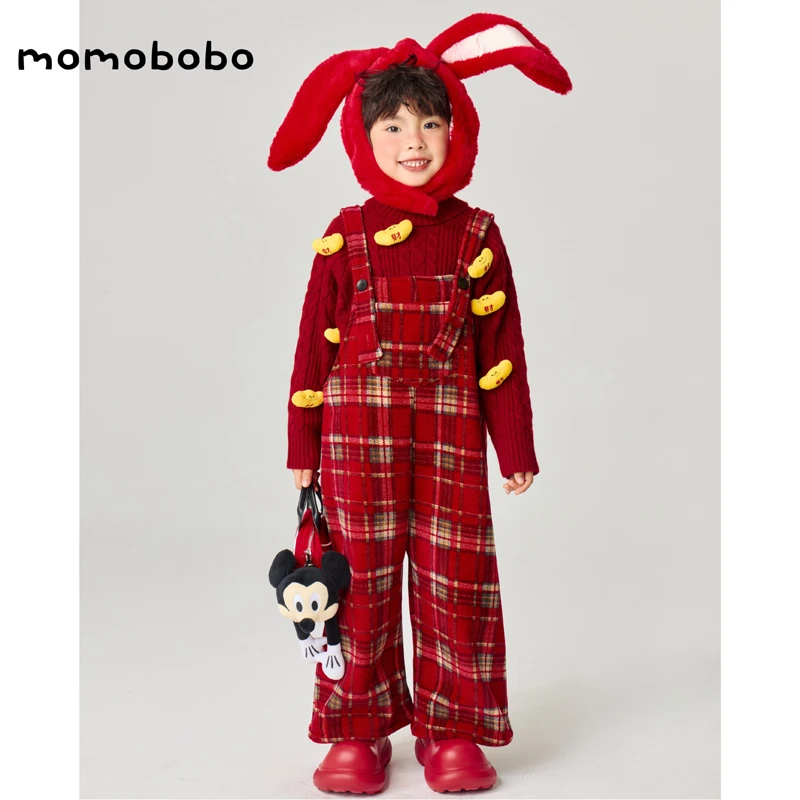 momobobi新款儿童新年背带裤韩国新年红格子毛呢复合一体绒背带裤