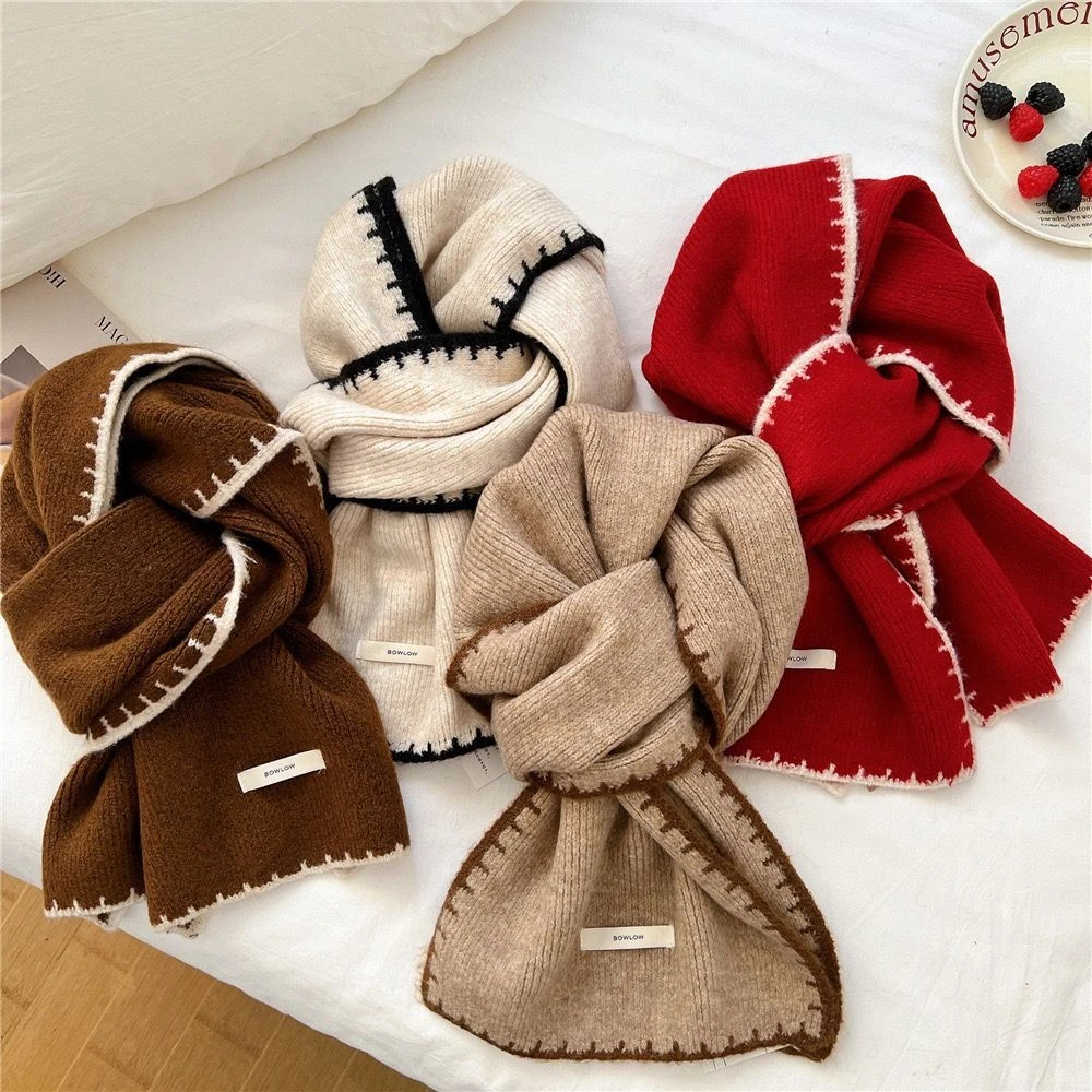 仿羊绒锁边白色针织围巾女2026年秋冬韩系氛围感保暖学生护颈围脖