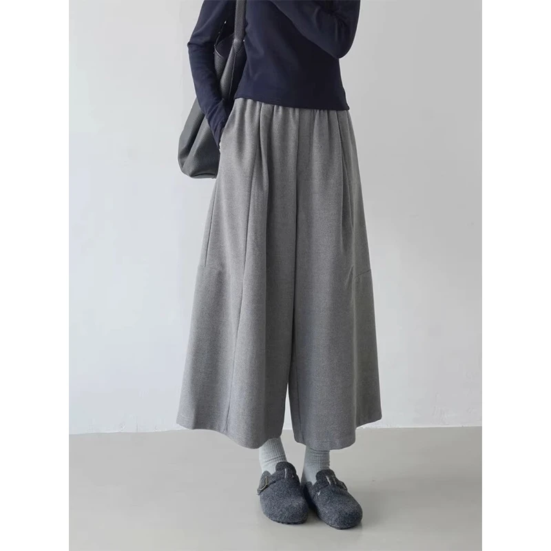 耶古复古灰色毛呢阔腿裤女秋冬新款高腰显瘦小个子宽松九分休闲裤