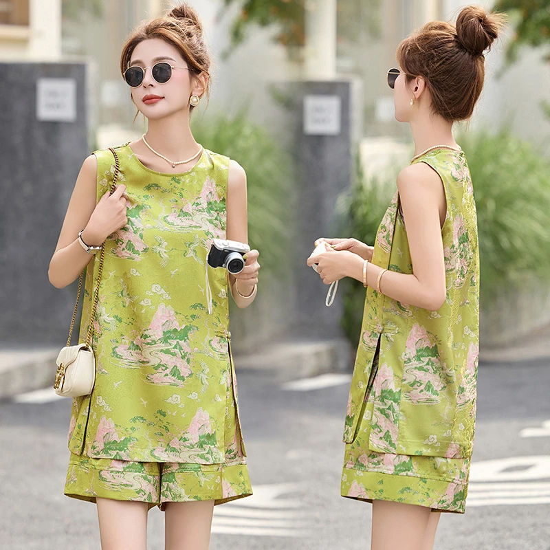 气质名媛休闲风时尚套装夏装印花韩版上衣女装碎花大码显瘦洋气