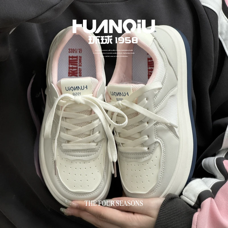 HUANQIU/环球网面透气小白鞋女2025秋季新款厚底增高学生休闲板鞋