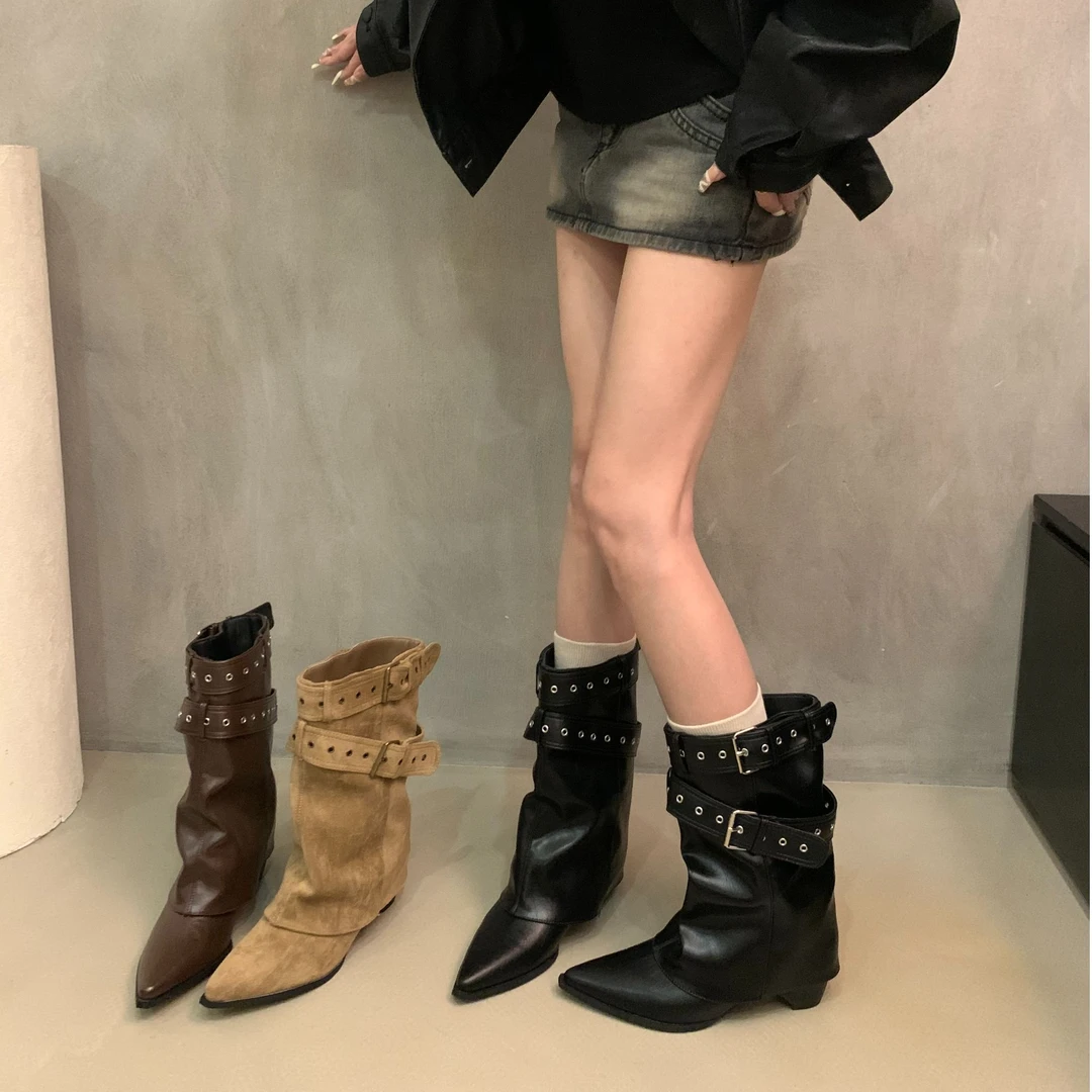 美式辣妹皮带扣裤管靴短筒靴女靴2025早秋新款小众设计短靴西部靴