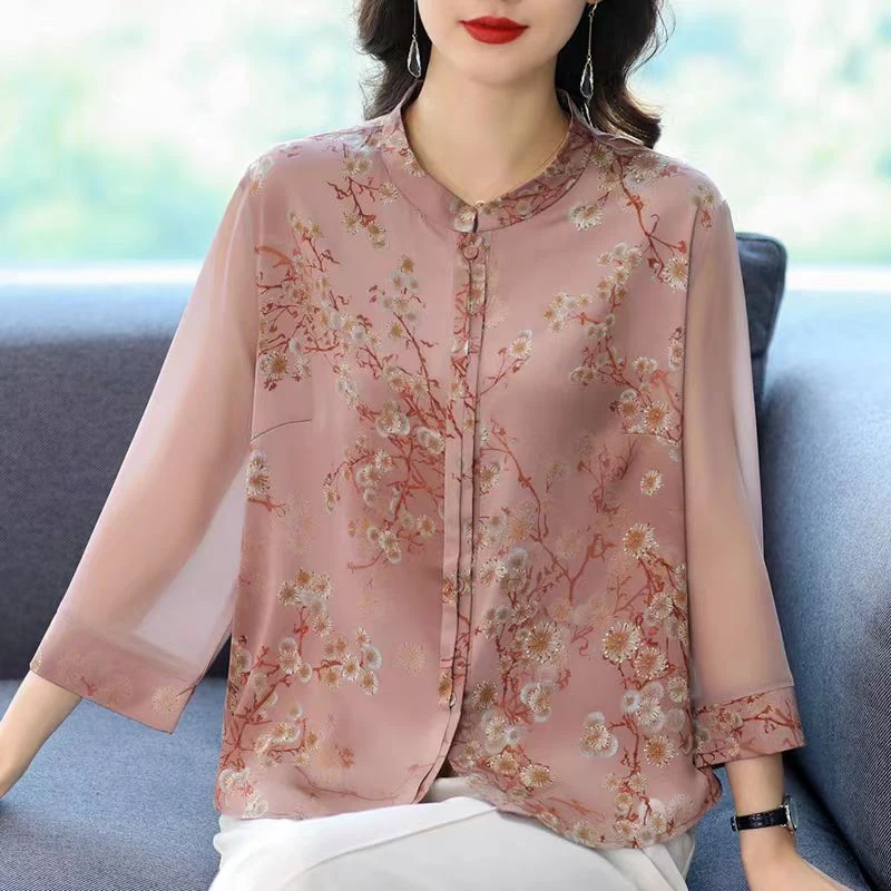 妈妈衬衫女桑蚕丝夏装2025新款洋气中老年套装夏季透气上衣两件套