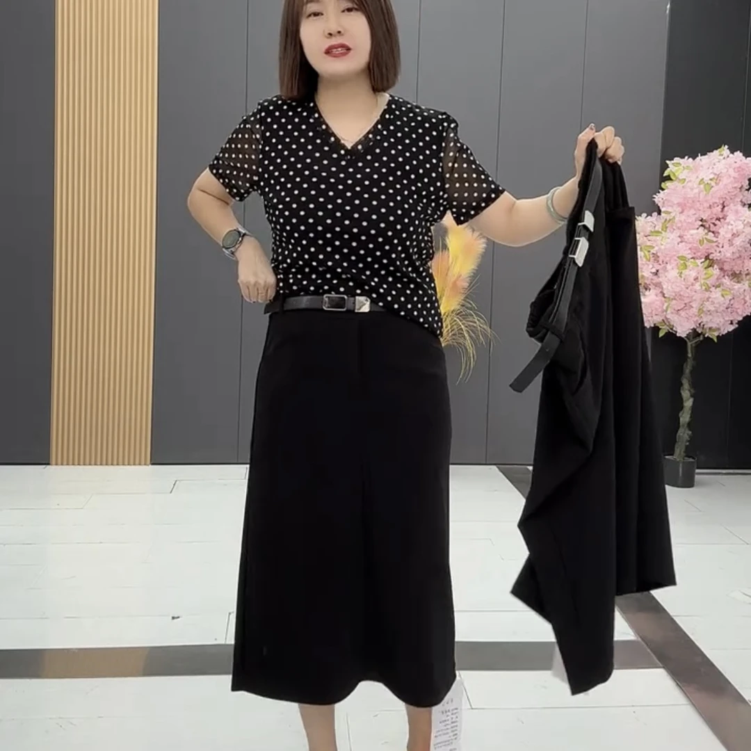 鑫家PYF6892夏季新款半身裙净黑色带腰带大码休闲