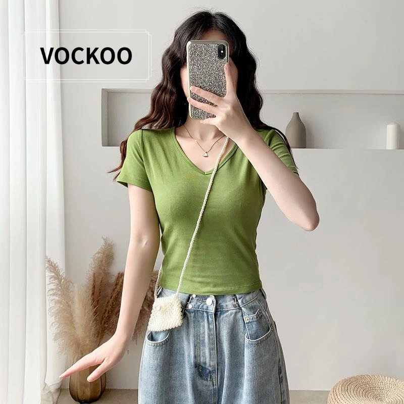 VOCKOO牛油果绿色高腰短袖t恤女夏高腰短款露脐半袖漏肚脐v领上衣