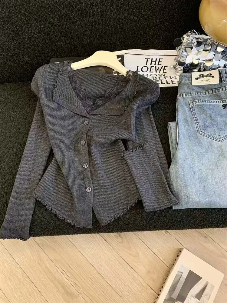 【花猫服装】法式温柔风木耳边翻领针织开衫蕾丝拼接假两件内搭上衣