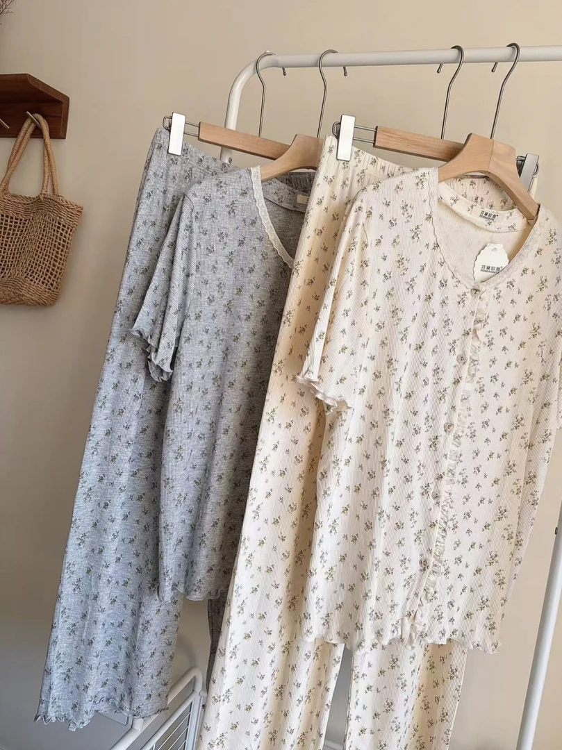 韩版舒适纯棉宽松睡衣女3113短袖长裤女家居服睡衣套装可外穿睡裤