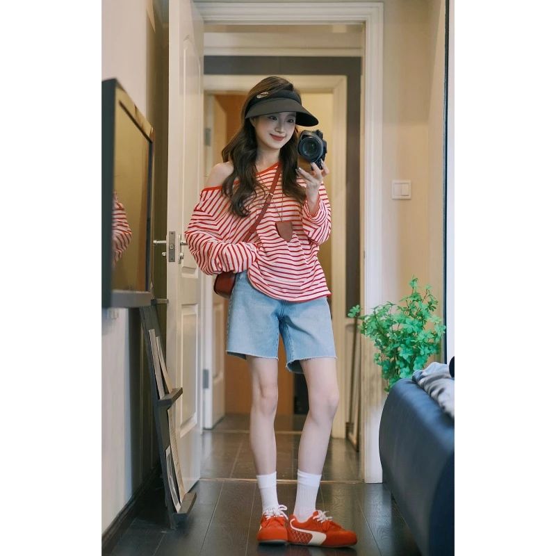 MARIE.COCO韩系百搭红色条纹减龄上衣百搭时尚气质短裤女两件套