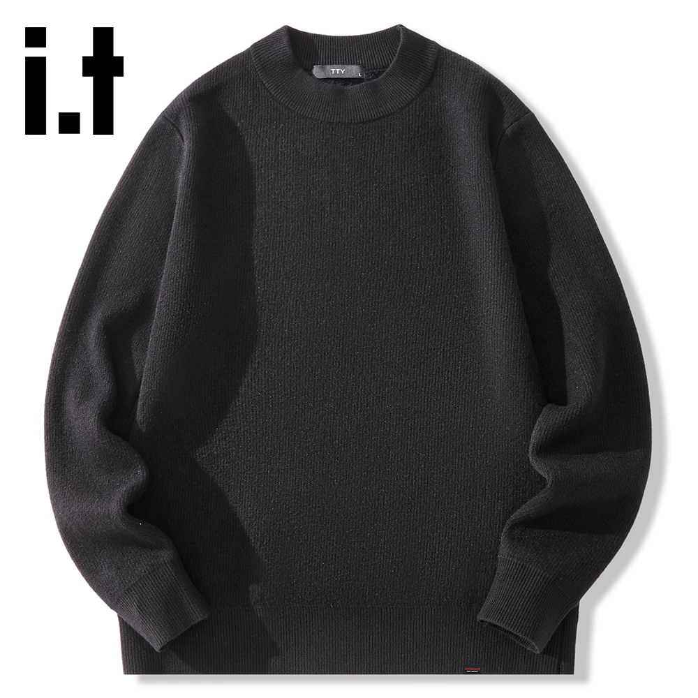 it:CHOCOOLATE黑色简约风休闲针织毛衣男士秋冬圆领百搭保暖上衣