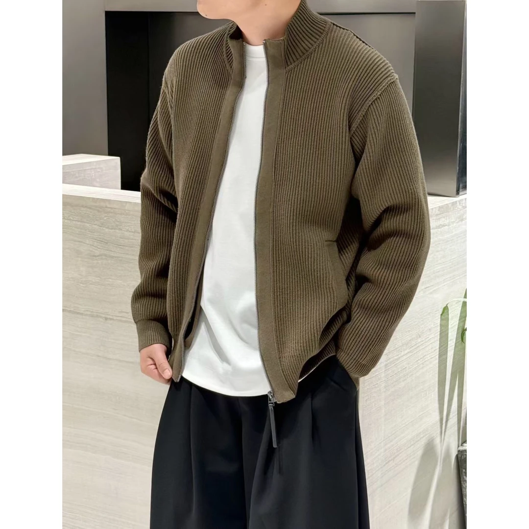 秋季新款港风纯色立领外套针织开衫男韩版休闲百搭微宽松外套
