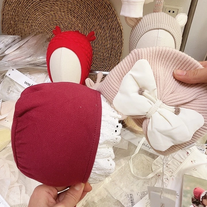 安克拉红 红色花边帽➕粉色蝴蝶结针织帽48