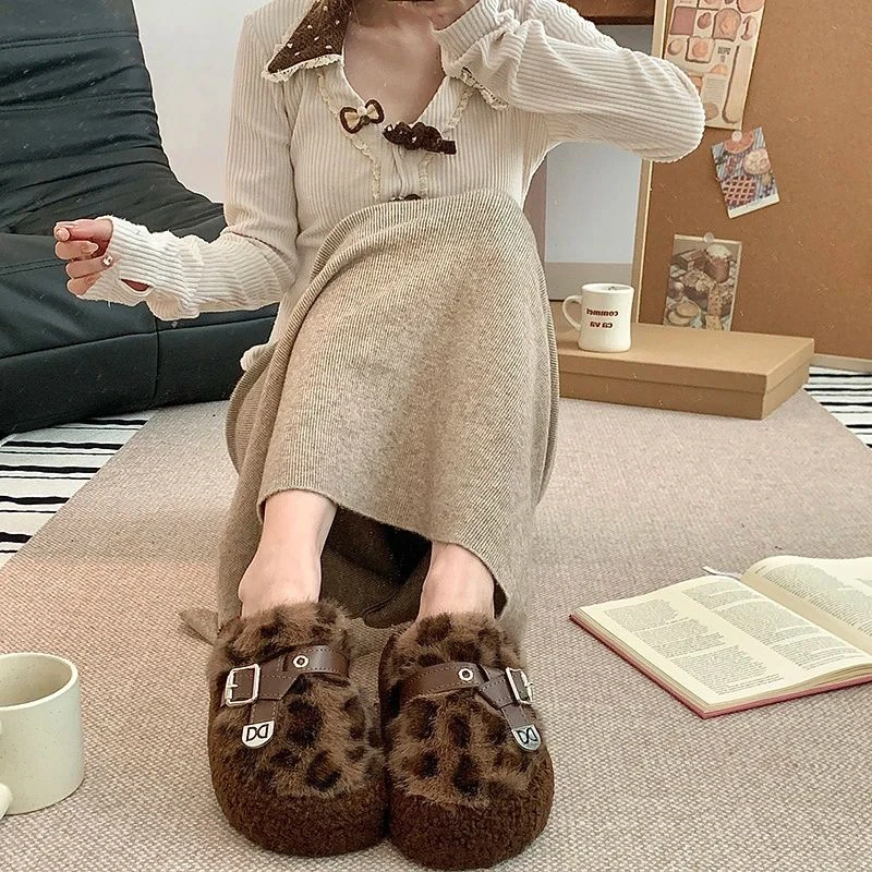 元族包头半拖鞋女2025秋冬新款8829半包豹纹保暖棉鞋外穿厚底毛毛