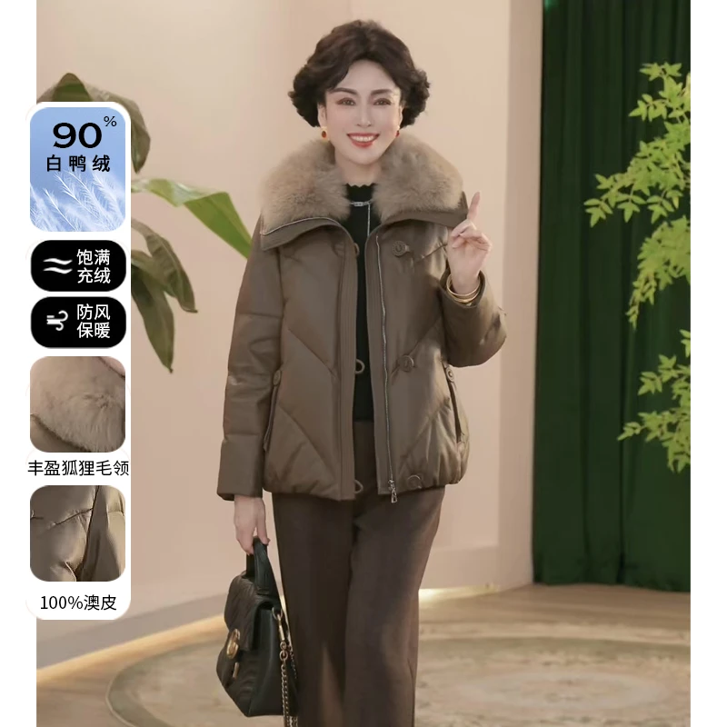 新款妈妈装狐狸毛领90白鸭绒免洗皮羽绒服中年女装保暖冬装厚外套