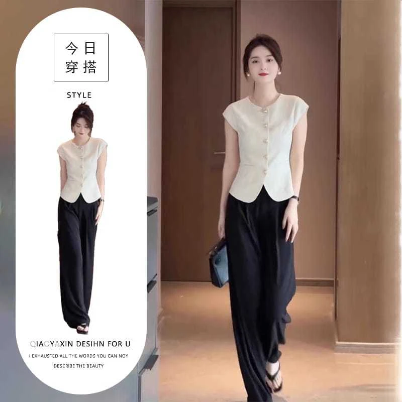 2025夏季新款干练气质女装时尚洋气显瘦小香风马甲阔腿裤两件套潮