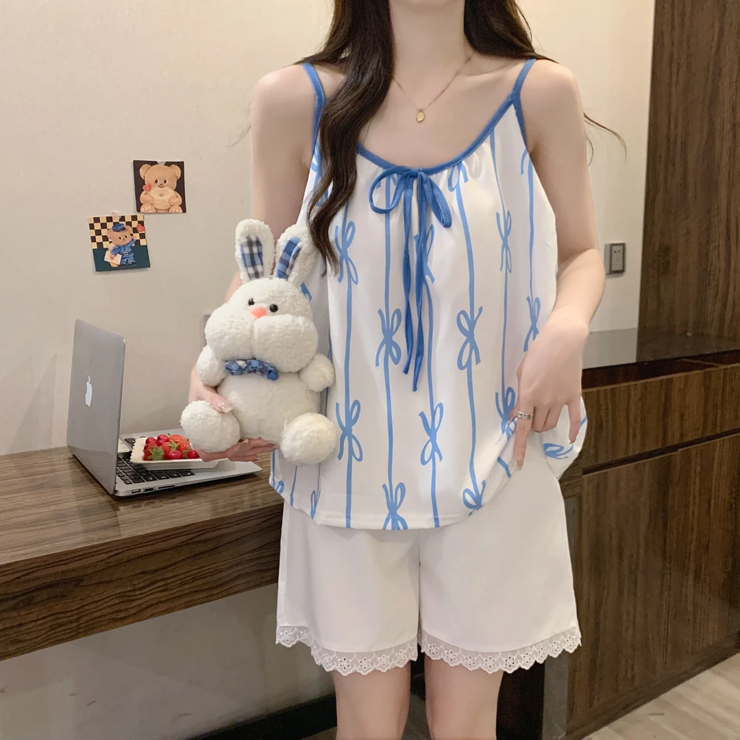 带胸垫睡衣女士夏季薄款吊带甜美花边韩版ins丝滑大码家居服套装