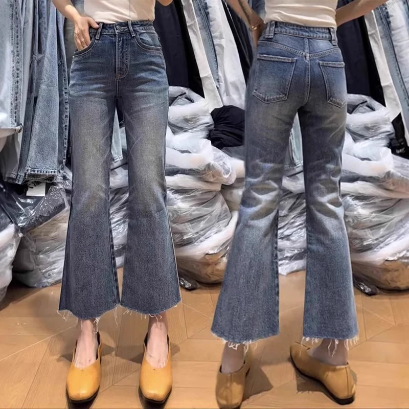 2025夏季新款弹力直筒毛边牛仔裤子女大码复古百搭九分微喇叭裤子