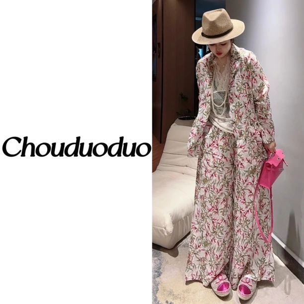 Chouduoduo 浮翠流丹 设计感花色苎麻料油画风西装+裤子套装