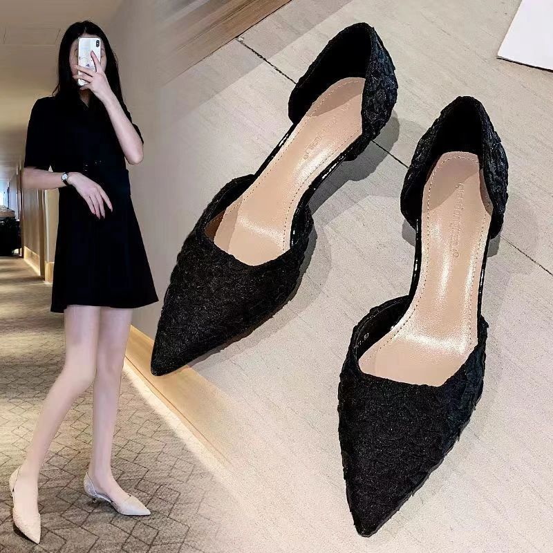 【H2025】高跟鞋女夏季新款韩版百搭低跟女鞋中空尖头单鞋女k