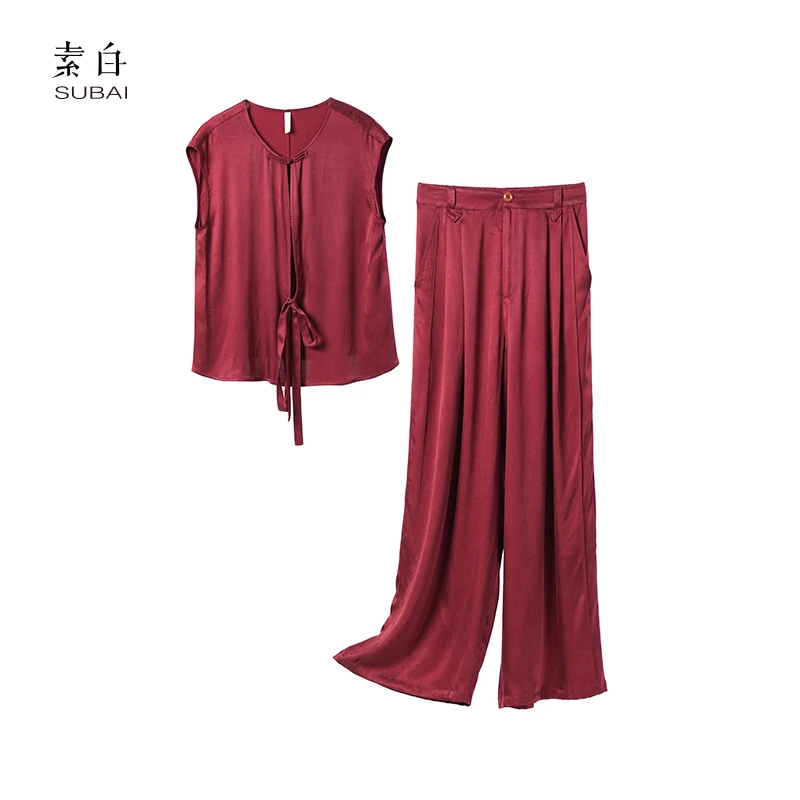 素白时尚气质【红妆】Y01591铜氨丝无袖盘扣垂顺丝滑气质阔腿裤套装