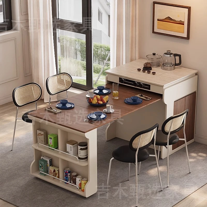 中古风实木岛台餐桌一体家用可伸缩折叠岩板现代简约小户型泡茶台