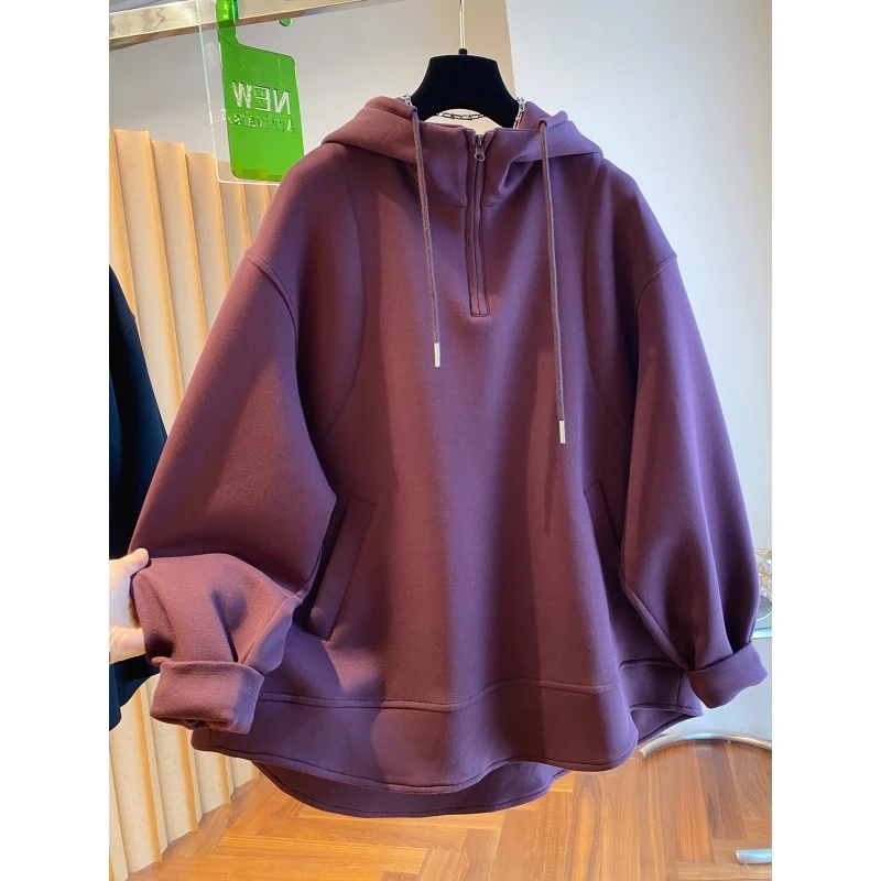 韩式300斤特大码纯色高级感连帽卫衣秋季半拉链宽松情侣款外套潮
