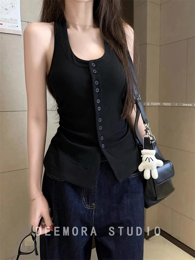 不对称开襟绑带抽褶背心女夏季新款设计感辣妹修身气质无袖上衣