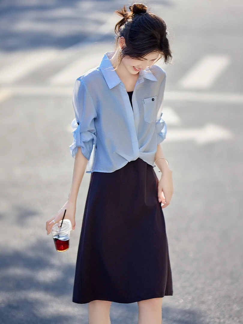 时尚休闲连衣裙套装女夏季一整套蓝色薄款衬衫上衣吊带裙两件套