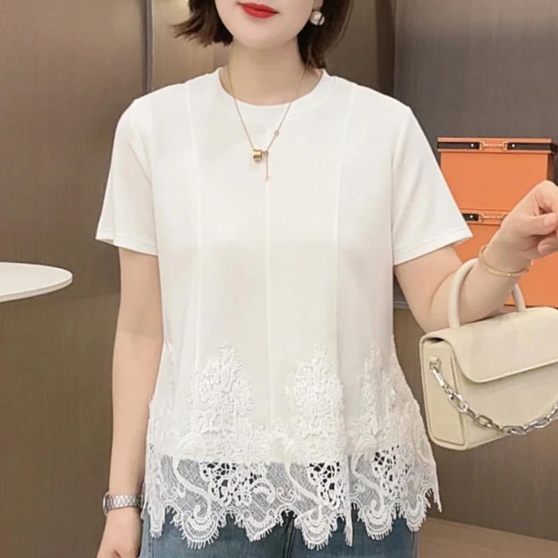 小众炸街高级感女装2025春夏蕾丝拼接下摆高端上衣百搭圆领休闲衫