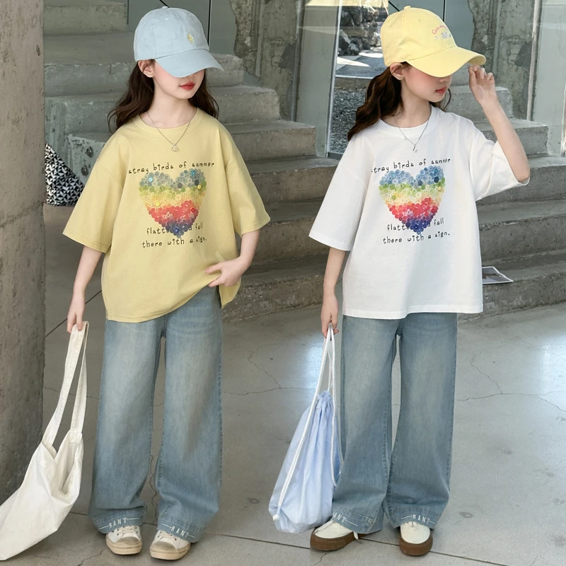 女童夏装套装2025新款中大儿童洋气时髦小女孩休闲短袖薄款牛仔裤
